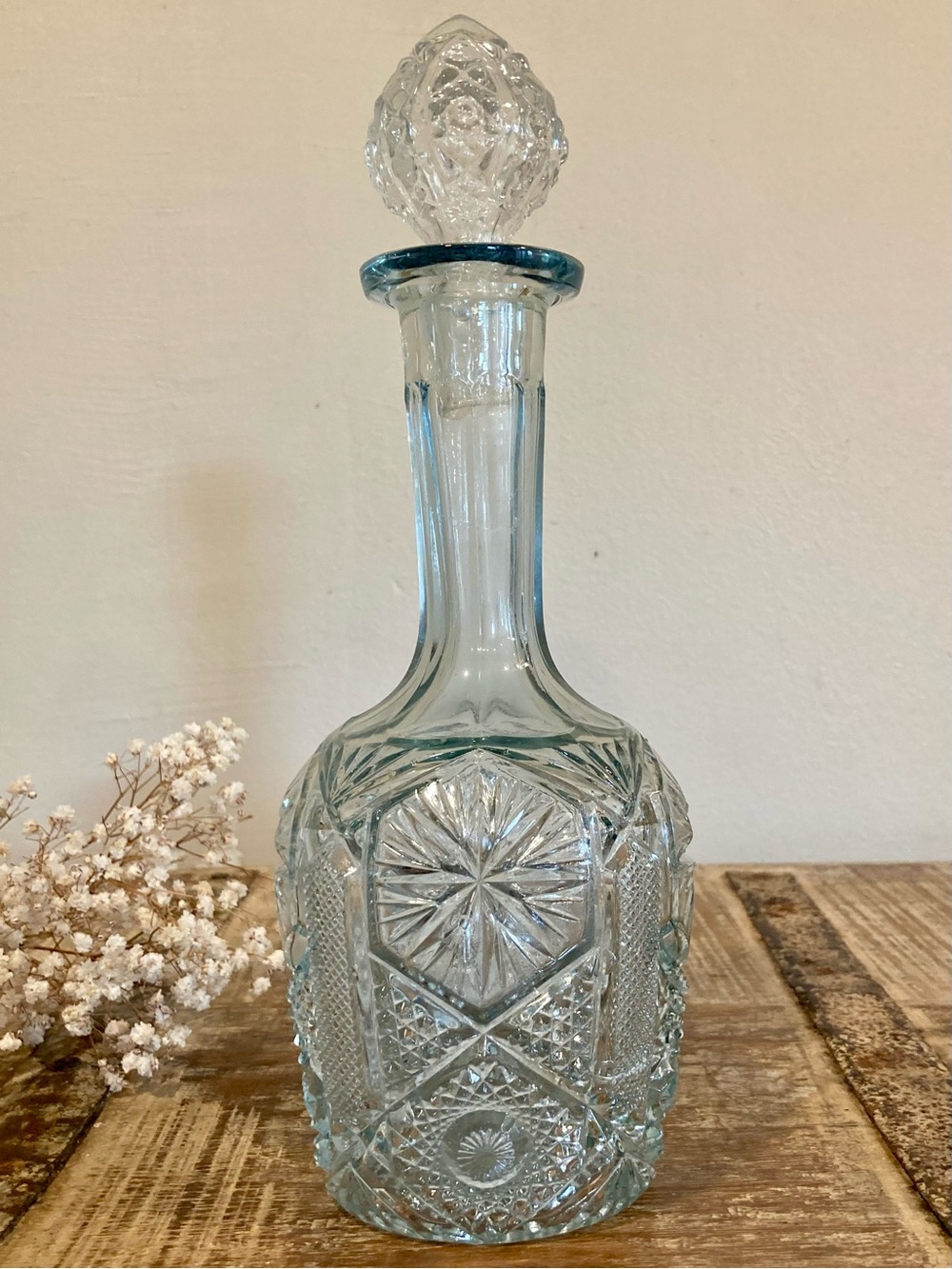 Blue Pressed Glass Decanter with Clear Stopper Damaged!